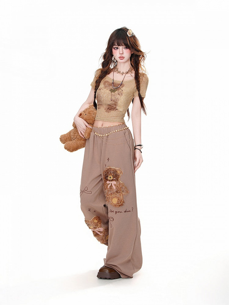 Wide-Leg Pants Detail Loose Teddy Bear Bowknots Brown Plush
