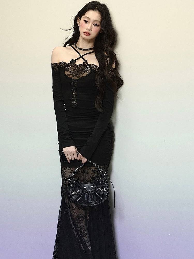 Robe longue sirène en dentelle noire patchwork, bretelles croisées, dos nu, robe de soirée