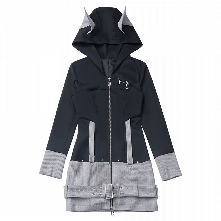 Black Strap and Design Hood Colorblock Wolf Ears Buckle Zip Closure Dress Gray Knit