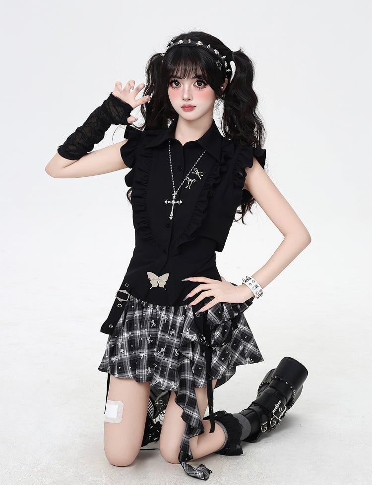 with Back Flutter Sleeves Blouse Print Lace-ups Cross White Black