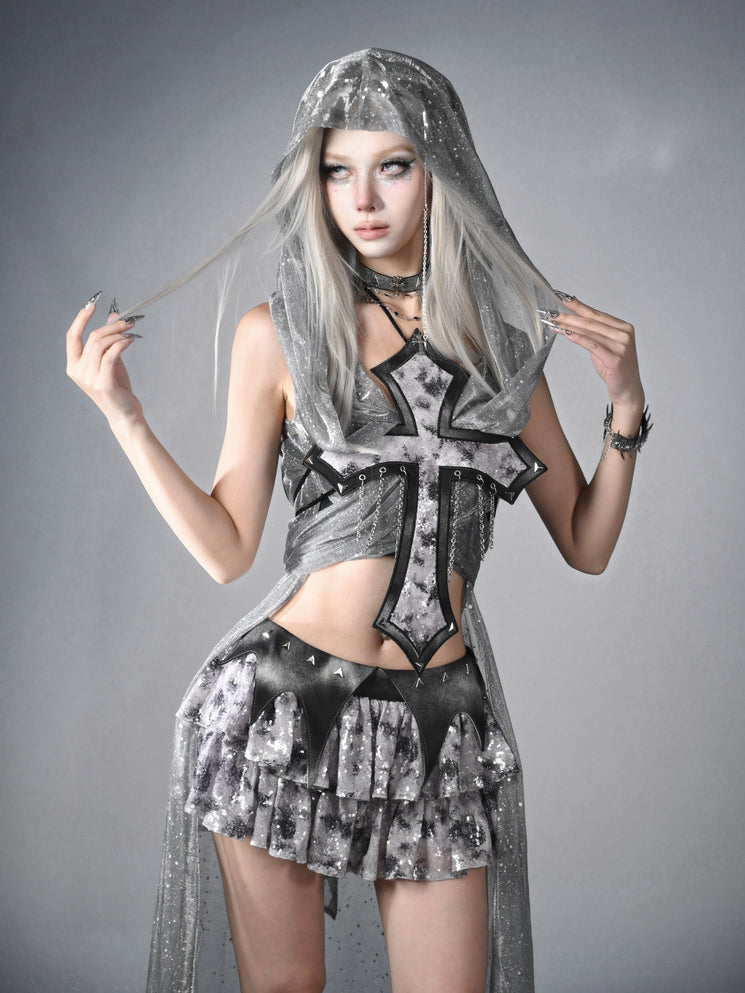 Cyberpunk Cross Choker with Beaded Chains Y3K Silver Fashion