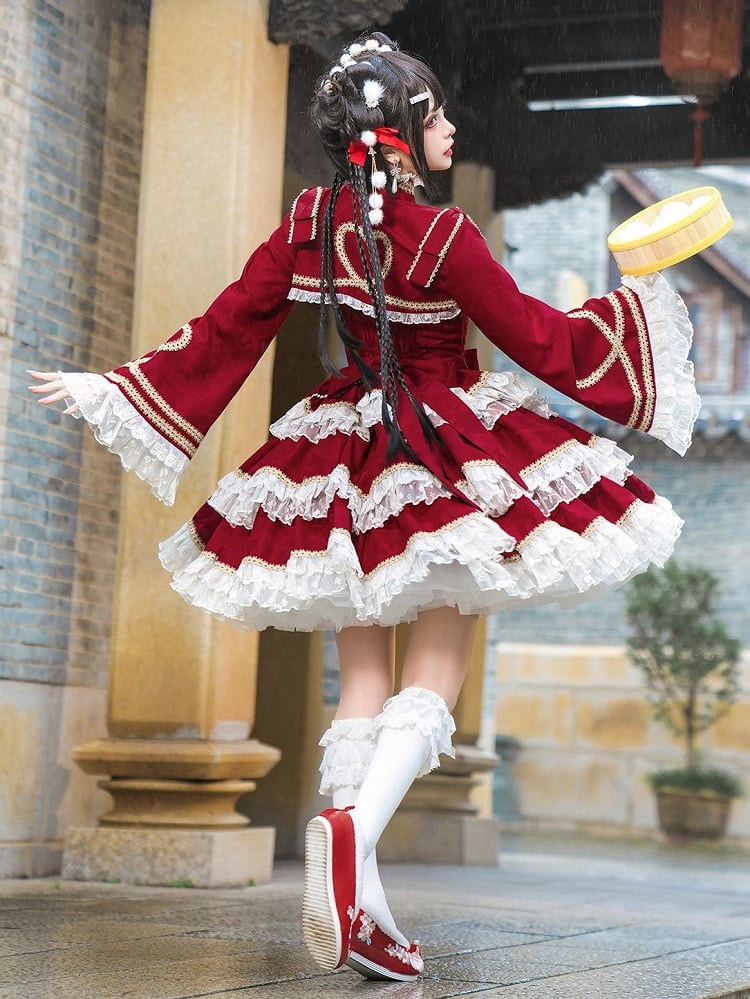 Red New Year Lolita Bows and Bead Chain Waist Tiered Hem Jumper Skirt