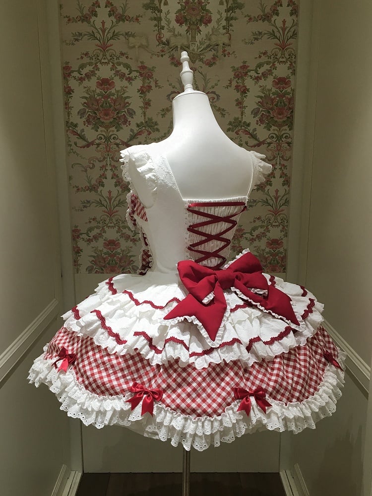 and Hem Scalloped Dress Edge with Sweet Skirt Pattern Lolita Gingham Tiered White Trim Red