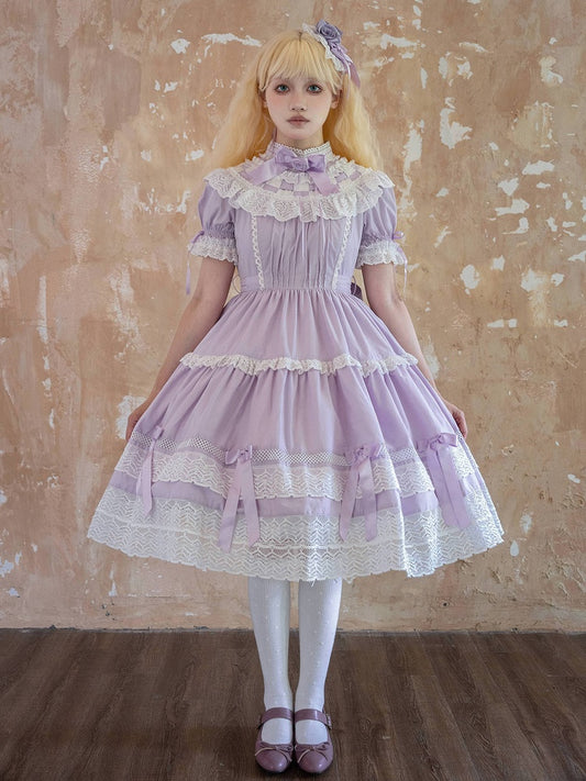 Kurzes OP-Schul-Kleid mit Baumwollhals, Edward Old Purple Sleeves Lolita