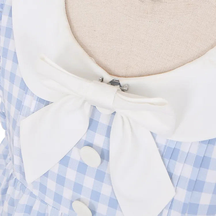 Blue Pockets Heart-shaped Sweet Dress Bowknots Plaid Flutter Sleeves Light