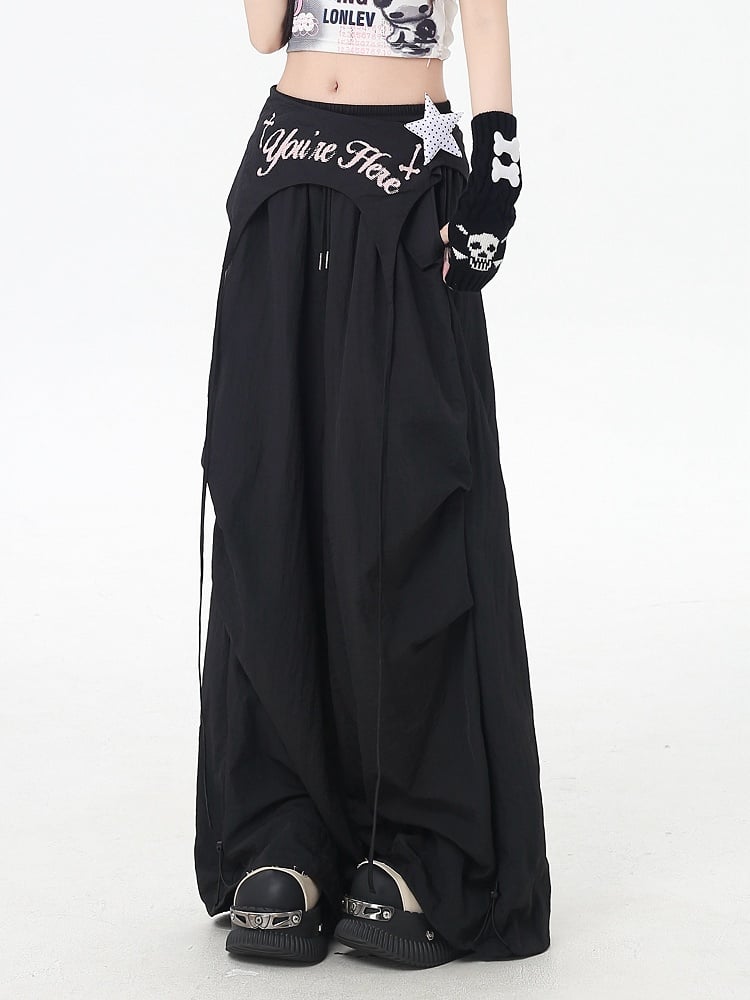 Black Punk Pants Accessory Waist Asymmetrical with Drawstring Waist Wasteland