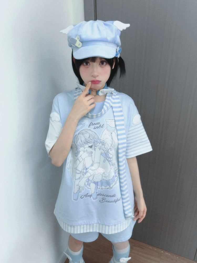 Blue Anime Girl Print Wing Appliques T-Shirt with Striped Scarf
