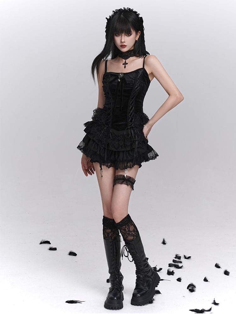 Gothic Cami Top Bow Gemstone Black with Crisscross Lacing