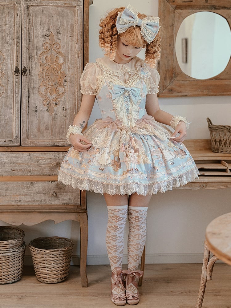 Baby Jumper Mieder Tea Party Print Kitty Kleid Blau Rock Korsett Sweet Lolita