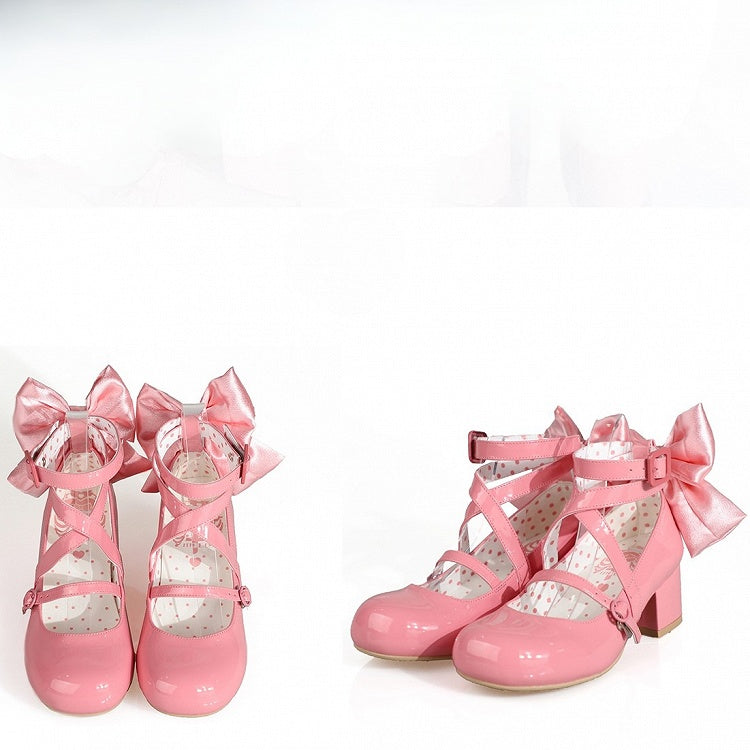PU - Akzent Süßes Schleifendesign Tiefer Kreuz- und Mittelabsatz Lolita Pink Schuhe