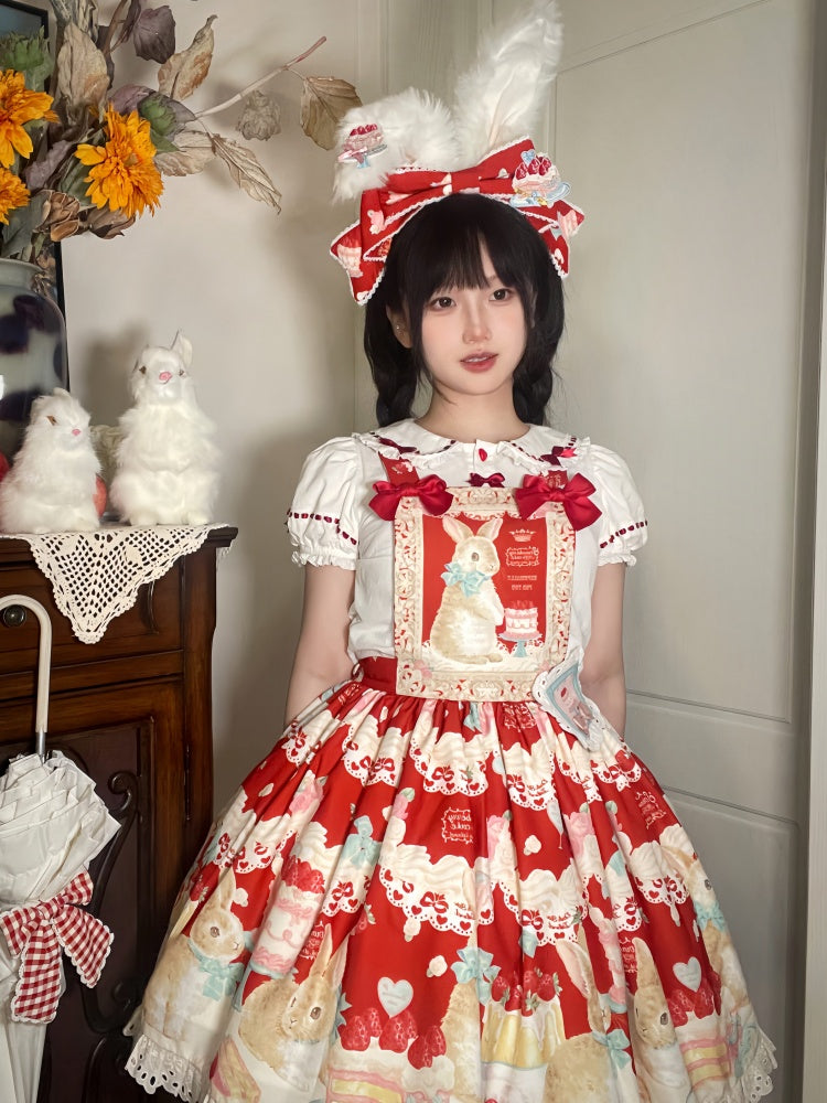 Süße Lolita-Bluse mit Puffärmeln und Herzknöpfen in Weiß und Rot