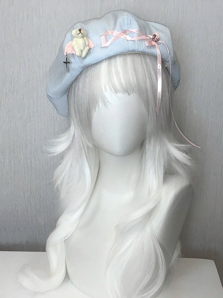 Rhinestone Plush Angel Bear Beret with Lace-up Detail