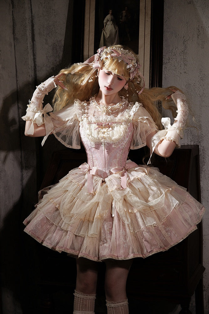 Lolita Balletcore Princess + Pink Floral Corset Top Print Boned Skirt Light