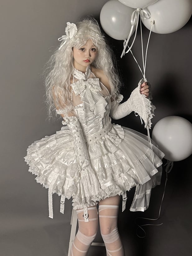 Set Halter Lolita Neck Sleeveless Gothic Skirt Tiered Full + Shiro White Top