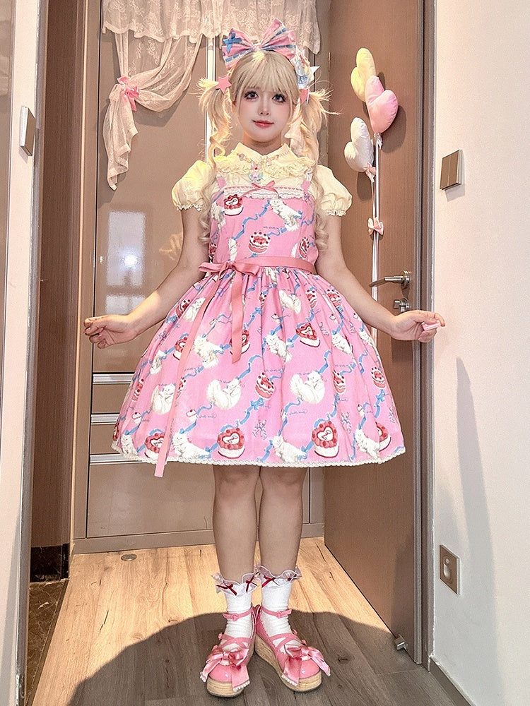 Fluffy Showa Jumper Pink Kitty Cute Lolita Print Sweet Skirt Dress