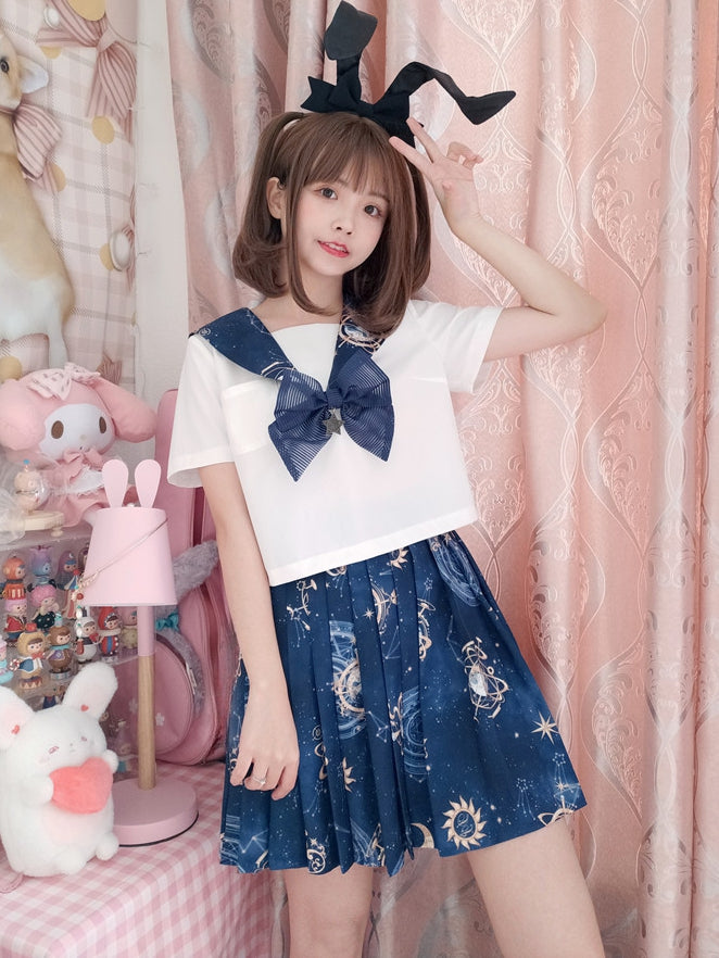 Dark Blue Celestial Globes Print Sailor Collar White JK Uniform Top