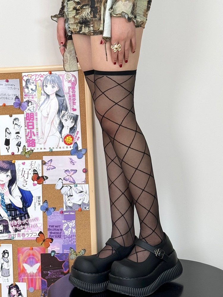 Stockings Pattern Diamond Black/White Over-knee