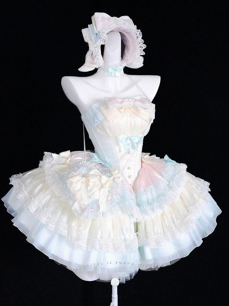 Sweet Lolita Balletcore Dress Blue Tiered Pink Skirt Yellow Boned Corset Waist