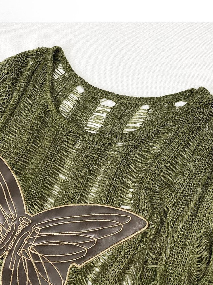 Knitted Protection Top Applique Sun Long Bittersweet Glamorous Sleeve Butterfly Green