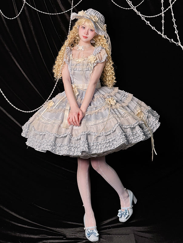 Elegante Verzierungen Plissee Rüschen Klassisches Lolita Kleid Blau Details und