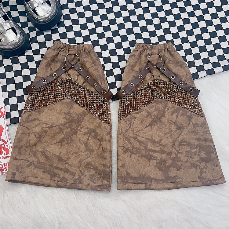Beinwärmer, schwarz/braun, Design: Kreuz, Ödland, Punk, Tie-Dye-Charme