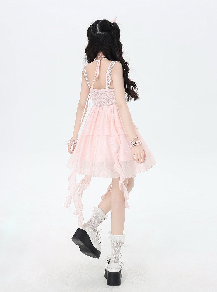 Pink Cascading Ruffle Accents Bow Detail Front Sleeveless Dress