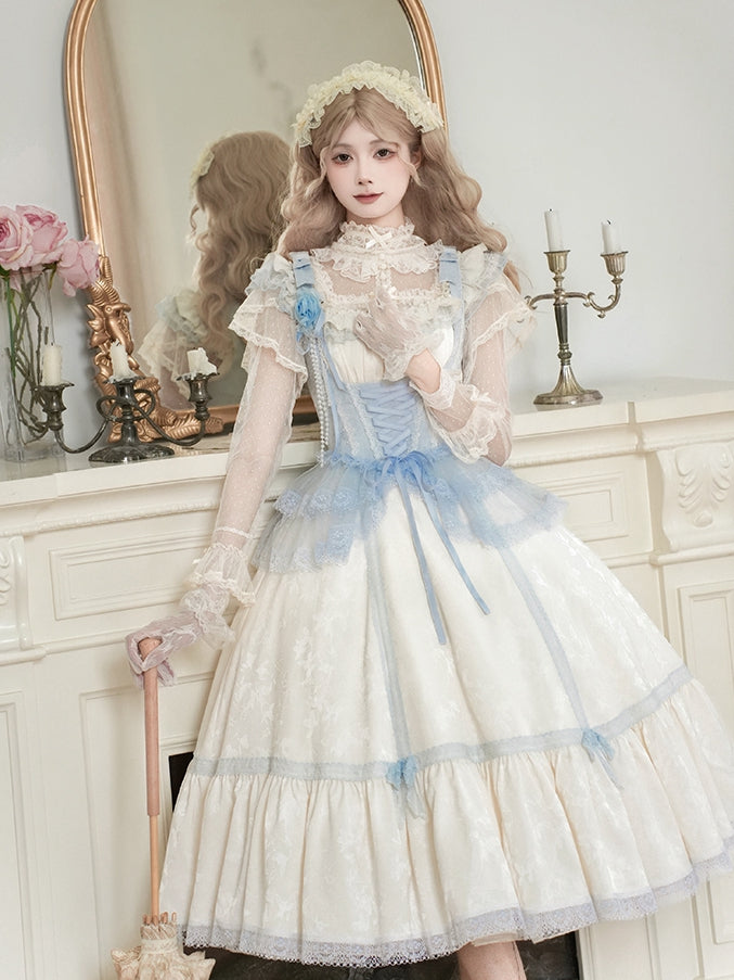 Blue Lolita Beige Full Slim Waist Set Versatile Light Neckline JSK Fit and