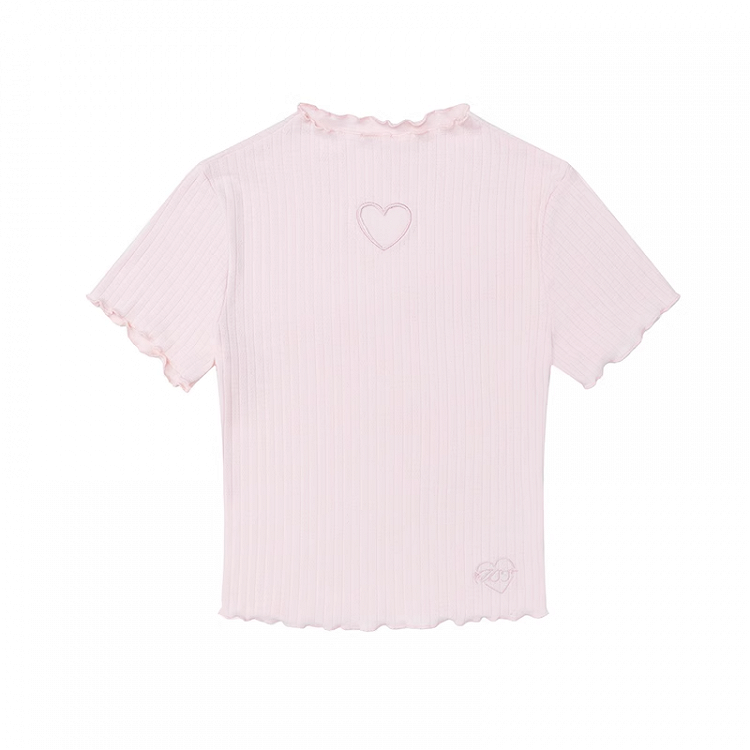 Heart-shaped Cutout Lettuce Hem T-Shirt Neck Pink Mock