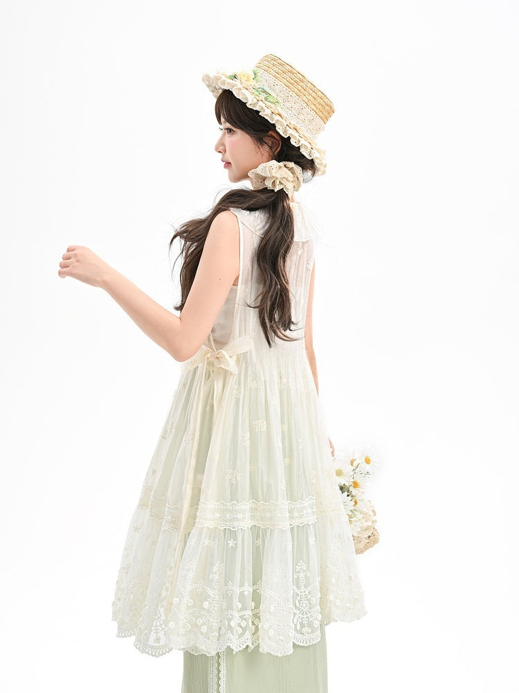 Side Self-tie Fawn Embroidery Chiffon Overdress Neckline with White Semi-Sheer Ruffle Straps