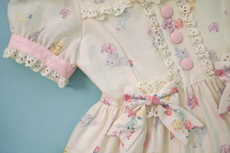 Lolita Scalloped Eyelet Kitty Short Dress with Sleeves Print Creamy Sweet Trims
