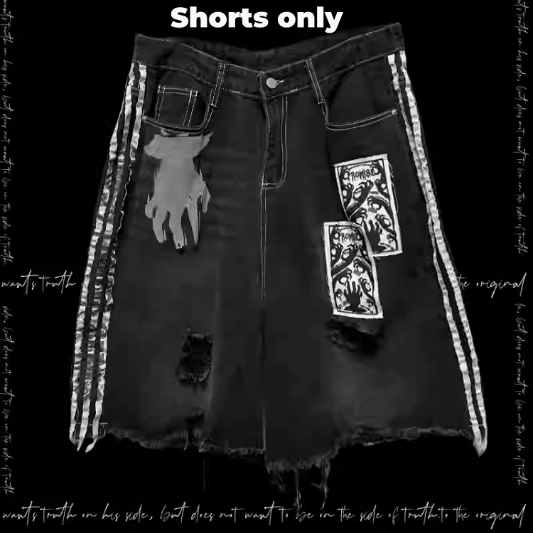 Embellished Distressed Holes Stripes Raw Hem Appliques Black White Denim Shorts