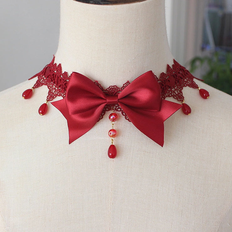 Beaded Pendant Bowknot Details Lace Choker