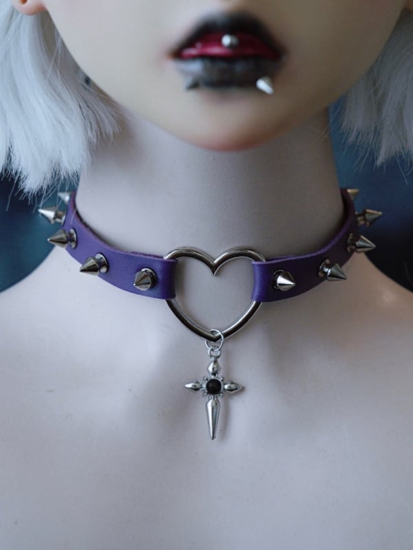 Purple Choker Cross Details Pendant Heart Studs Gothic
