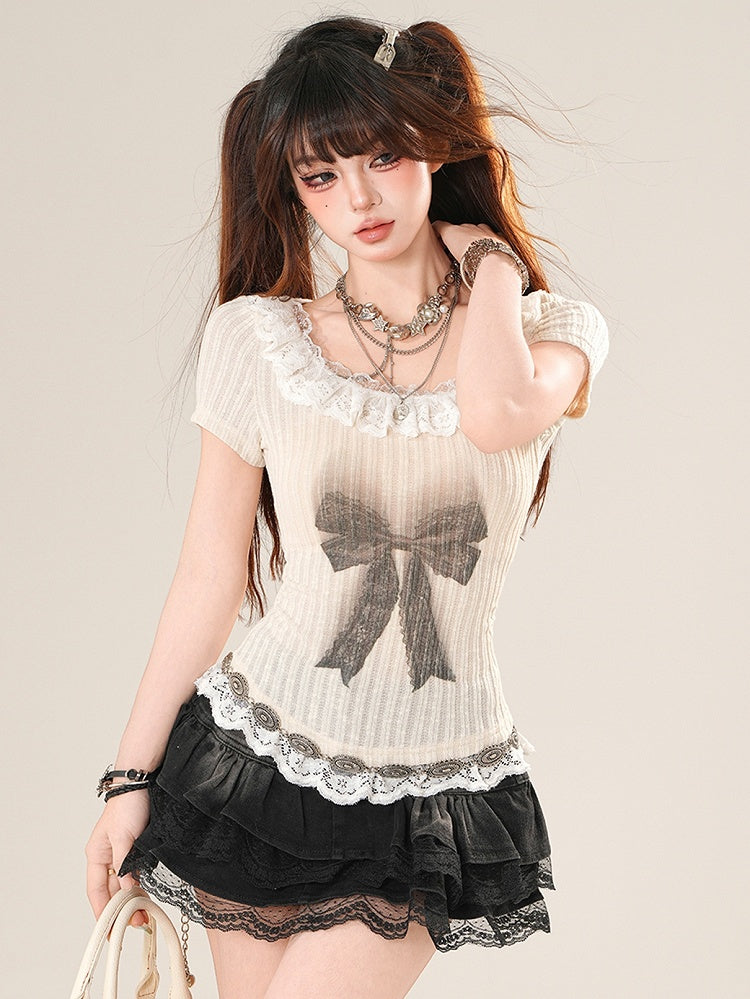 Trim T-shirt Print Bowknot Daily Lace Kawaii Beige Knitted