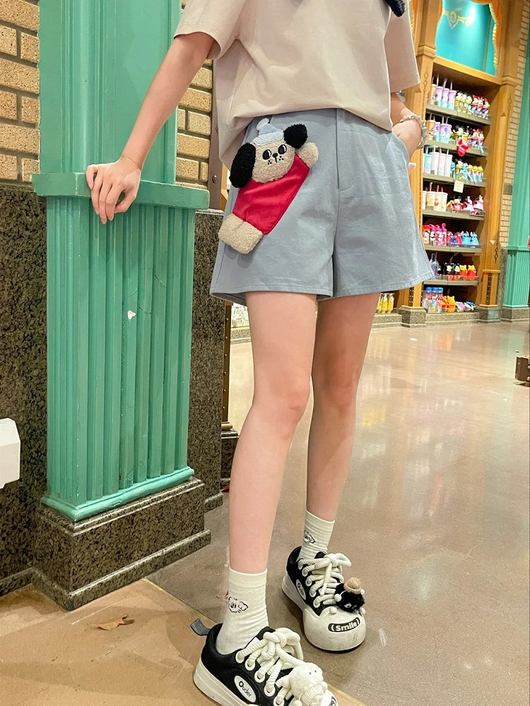 Waist Plush Puppy Applique Light Blue High Straight-leg Shorts
