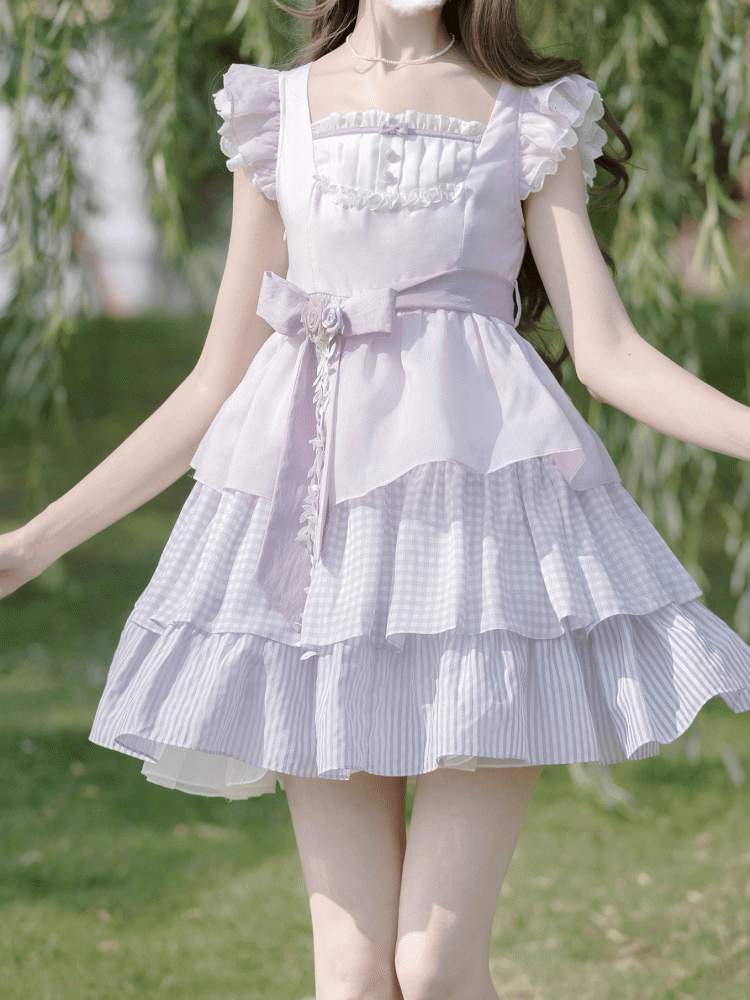 with Skirt Sweet Lavender Flutter Sleeves Dress Floral Tiered