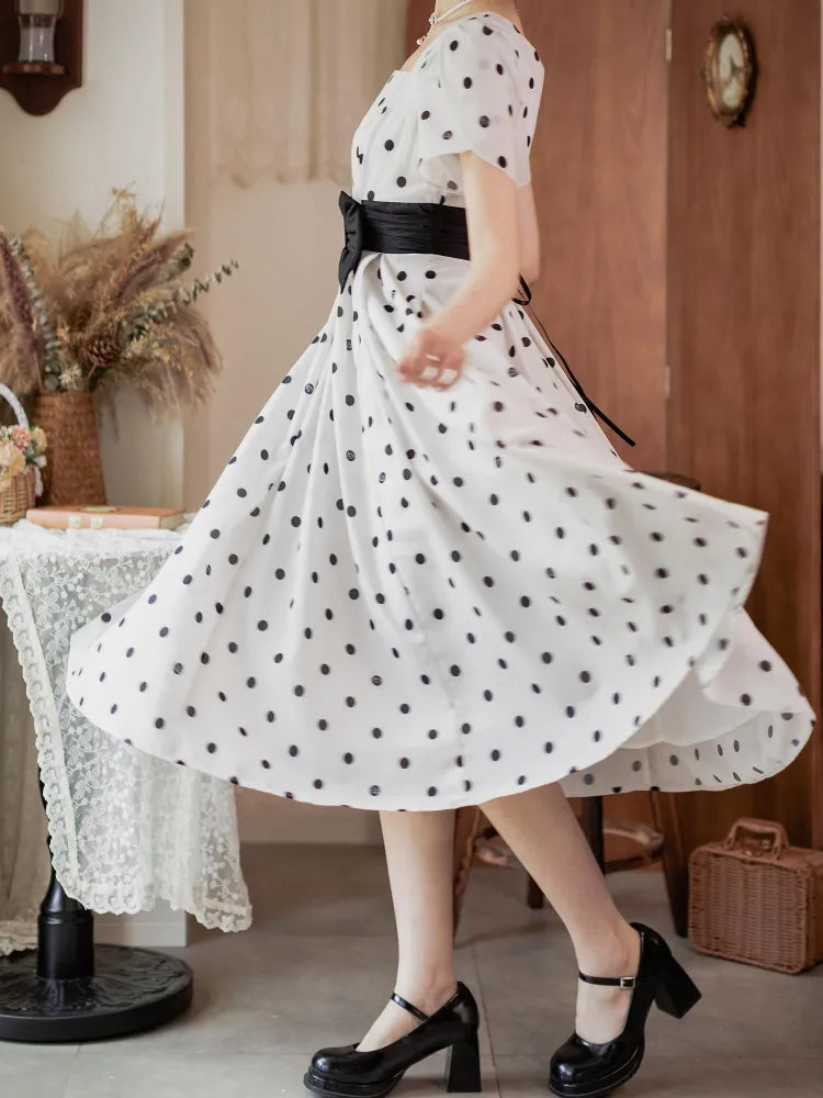 and Neckline Polka Dots Square Petal Dress Sleeves Black White Pattern