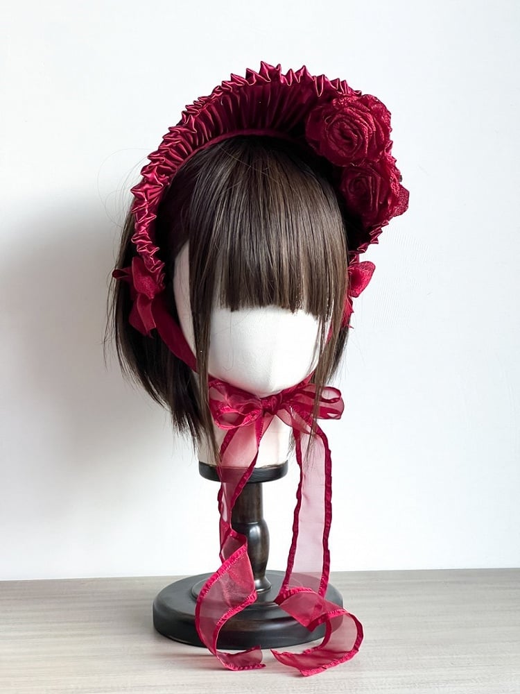 with Bonnet Ruffled Rosette Apricot/Black/White/Red Accents Lolita Detachable