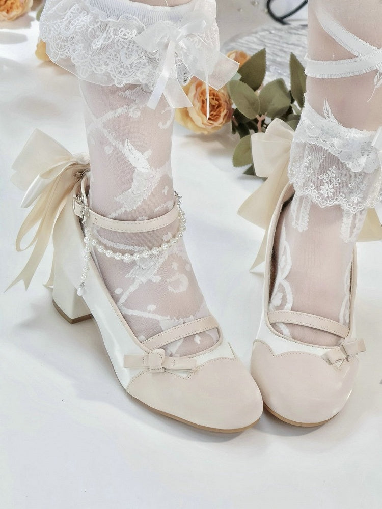 Back Detail Apricot Janes Beaded in Sophisticated Mary Bow Mid-heel PU White Classic Chain Leather