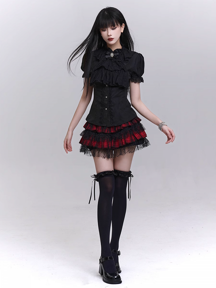 Tie Black Puff Sleeves Vintage Gothic Blouse with Detachable Jabot