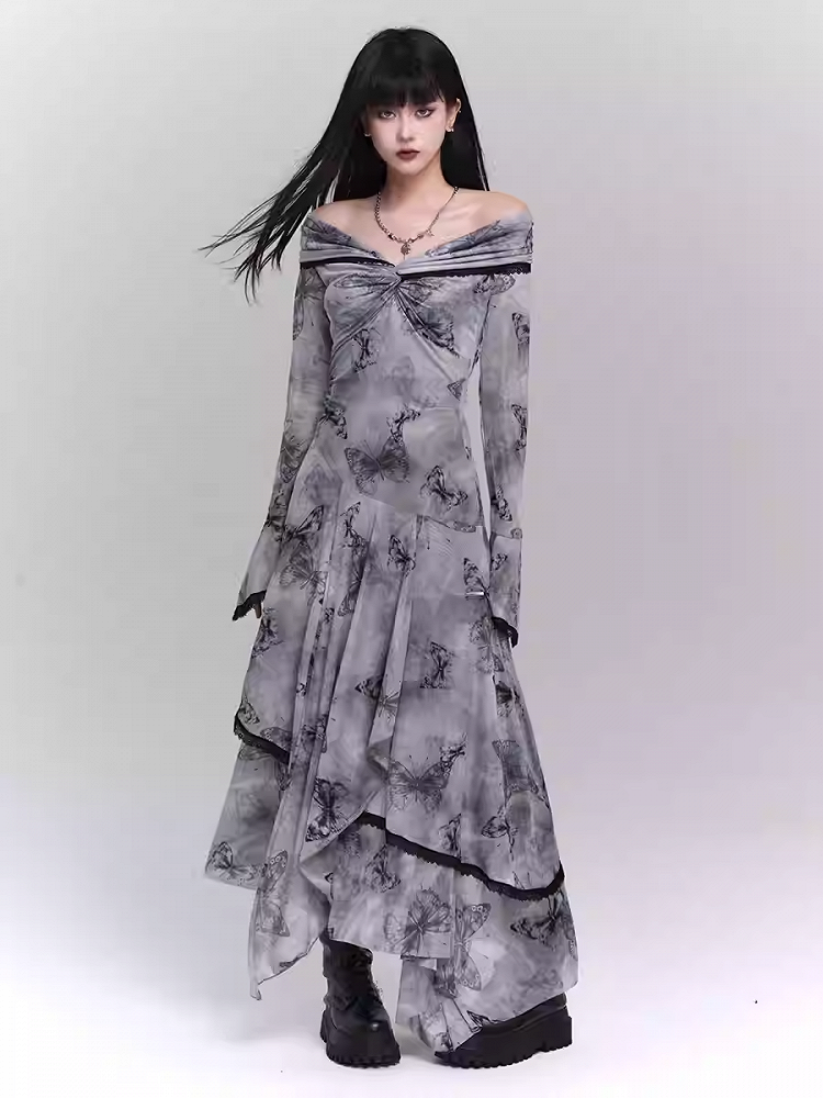 Purple/Dark Gray/Apricot Off-the-Shoulder Butterfly Print Twist Detail Dress
