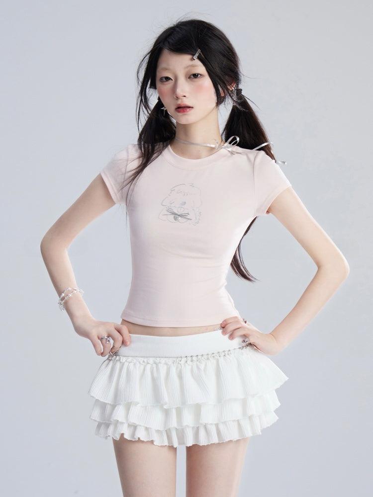 Mini Tiered Skirt Beige Low Balletcore Waist