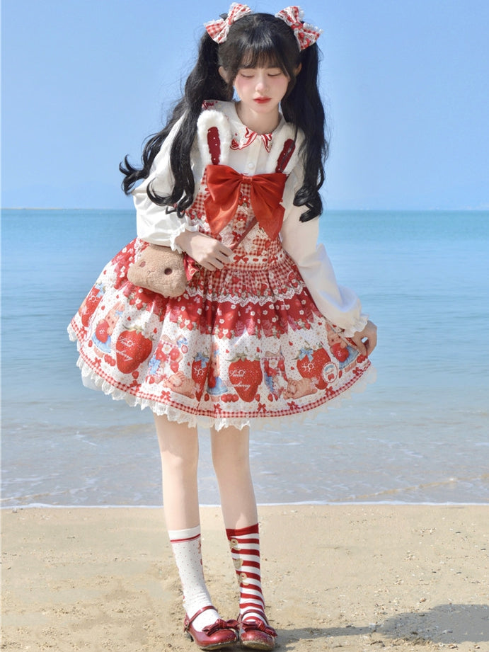 Hellrosa Lolita-Haarspangen mit Erdbeerdruck und Spitzenbesatz und Schleife