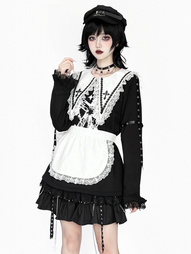 with Black Top: Criss-Cross Cross Pointed Harajuku Style Collar White Jirai Straps Kei Sleeve