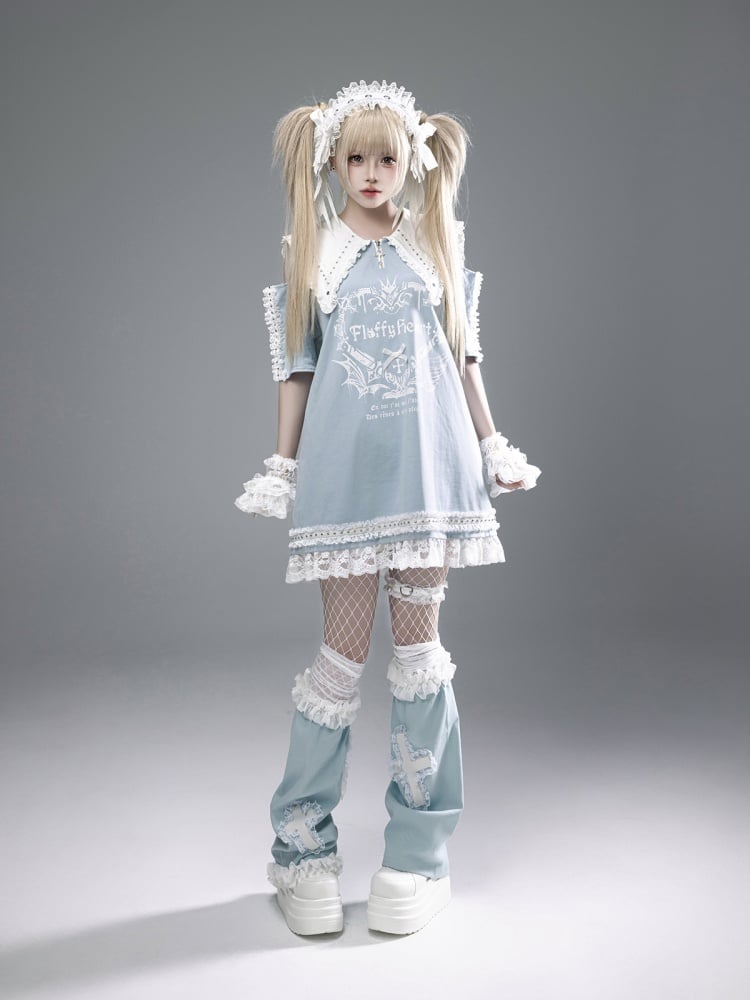 Blue Pointed Flat Collar Cutout Shoulder Lace Trim Jirai Kei Dress Light