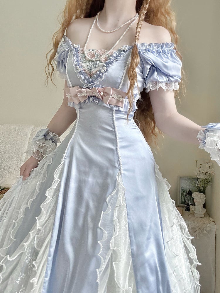 Blue Slim Fit Waist Floral Square Neckline Elegant Lolita Empire Dress