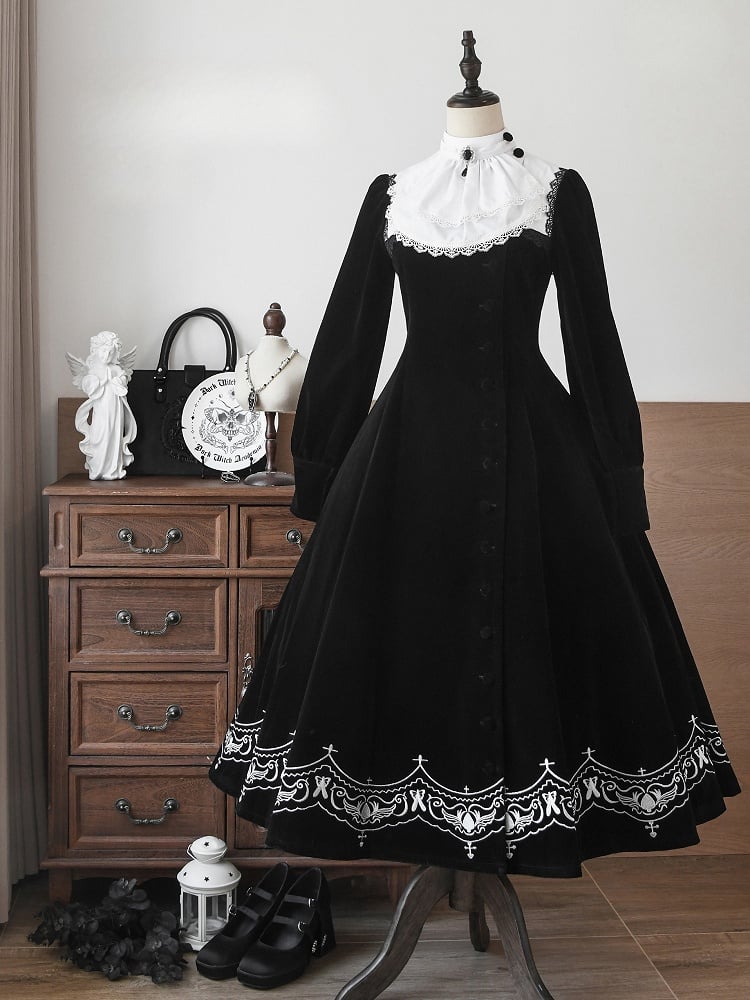 für Schwarzes Winter-Herbst-Details Nonne und Stickereiärmel Lolita-Samtkleid lang