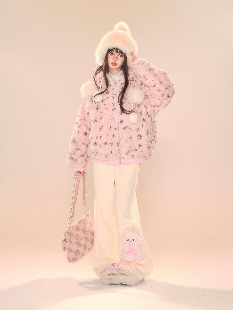 Beige Wide-Leg Pants with Pink Waistband and Embroidered Puppy Design