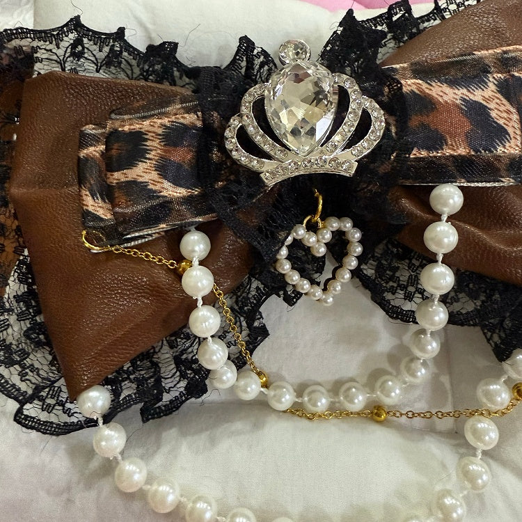 Rhinestone Hairclip Beaded Lace Pattern Trim Bowknot BlackBrown Crown Decorated Charm Leopard