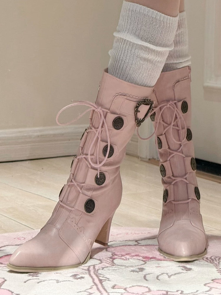 PU with Leather Toe Pointed Heels Lace-Up Lolita Sakura Mid-Calf Details Pink Design Boots Buckle -